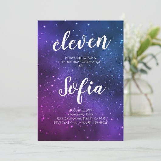 ガール誕生日パープルスターズ銀河系宇宙 招待状 (スタンド正面)
