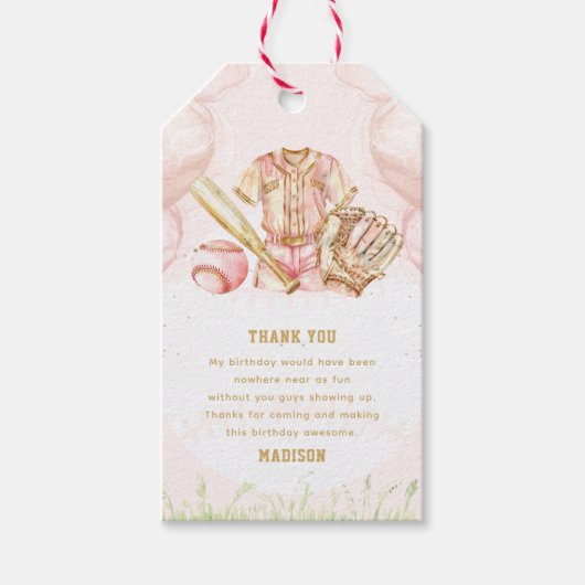ガール誕生日ベースボールピンク金ゴールド ギフトタグ (正面)