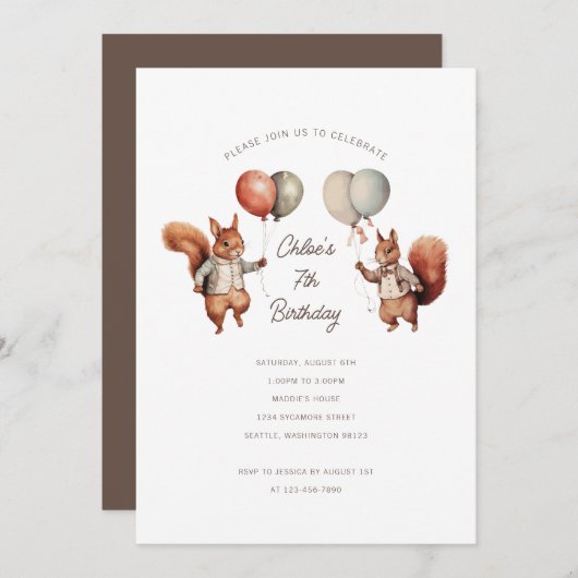 ガール誕生日リス招待状 招待状 (正面/裏面)