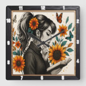 ガール読ズヒマワリ スクエア壁時計 (正面)