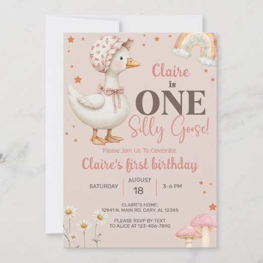 ガール間抜けグース1st誕生日招待状、ガチョウ。 招待状 (正面)