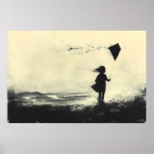 ガール飛んでいるカイトオンザショアアットダスク – 木炭 ポスター (正面)