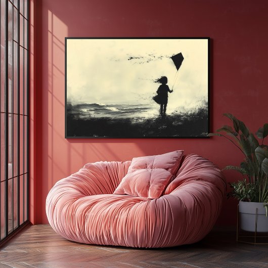 ガール飛んでいるカイトオンザショアアットダスク – 木炭 ポスター