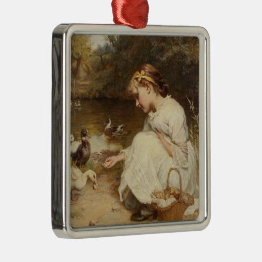 ガール食べ物を与えズ・ダックス(by Frederick Morgan) メタルオーナメント (右)