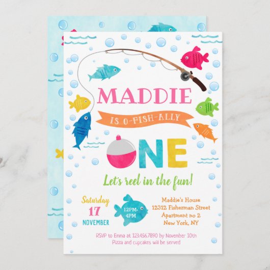 ガール魚釣りO – フィッシュ同盟第1回誕生日招待状 招待状 (正面/裏面)