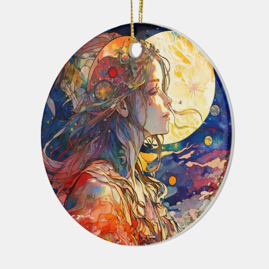 ガール鮮やかアンドムーンオーナメントの水彩画 セラミックオーナメント (左)