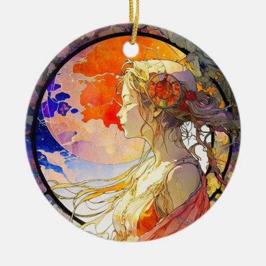 ガール鮮やかオーナメントの水彩画 セラミックオーナメント (正面)