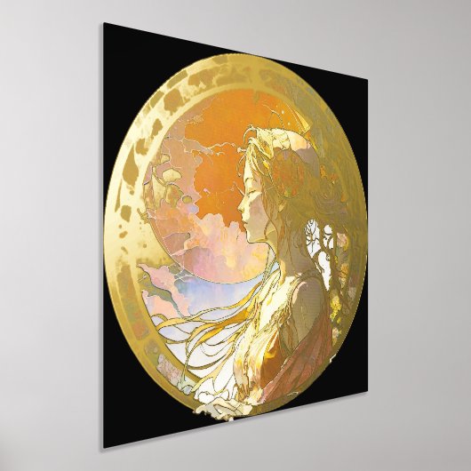 ガール鮮やかフォイルプリントの水彩画 箔ポスター (レイダウン)