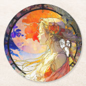 ガール鮮やか紙コースターの水彩画 ラウンドペーパーコースター (正面)