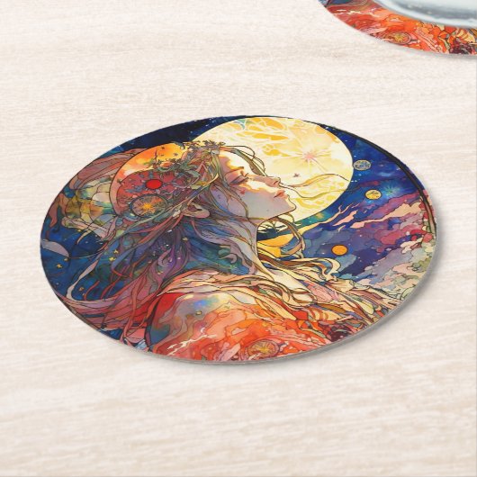ガール鮮やか&ムーン紙コースターの水の色 ラウンドペーパーコースター (アングル)