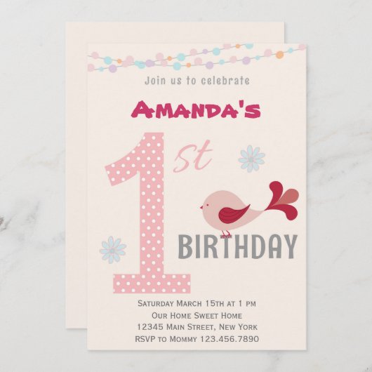 ガール1日パーティの招待状バードピンク 招待状 (正面/裏面)