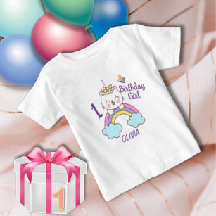 ガール1歳の誕生日ユニコーンキャット誕生日 ベビーTシャツ