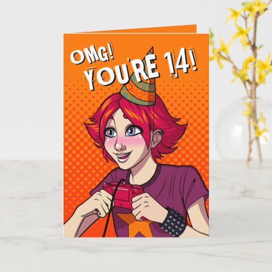 ガール10代のキュートパンクゲーマー14誕生日 カード (黄色い花)