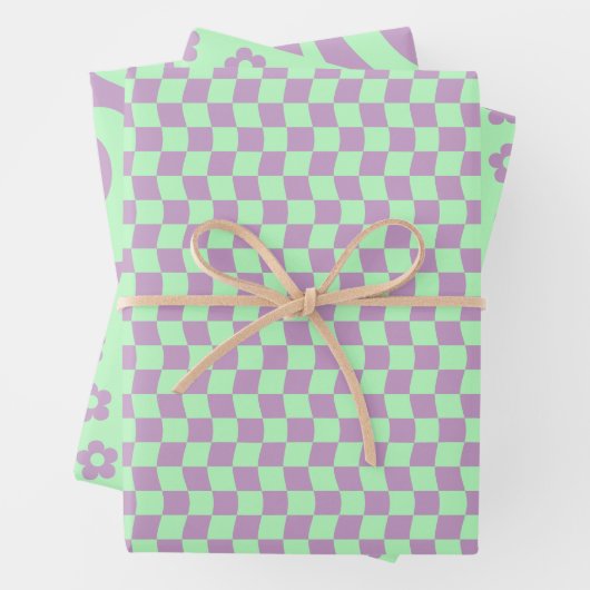 ガール10代のグルーヴィーパープルグリーンウェー市松模様にブデイジー ラッピングペーパーシート (インサイチュ)