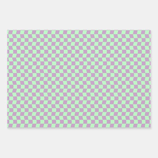 ガール10代のグルーヴィーパープルグリーンウェー市松模様にブデイジー ラッピングペーパーシート (正面)