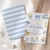 ガール10代のサマーブルーイエロー誕生日招待状 ノートカード