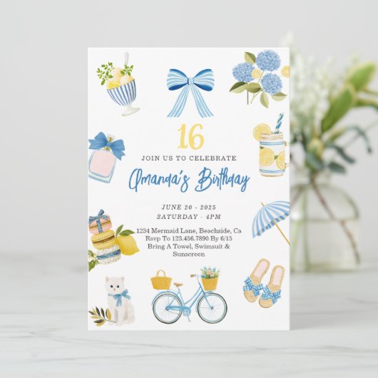 ガール10代のサマーブルーイエロー誕生日招待状 招待状 (スタンド正面)