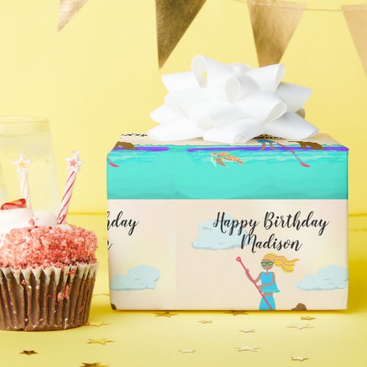 ガール10代のパドルボードハッピーバースデーパーソナライズされた ラッピングペーパー (誕生日パーティー)