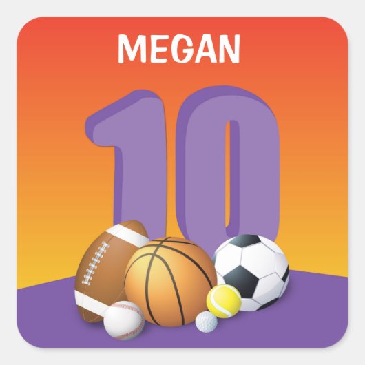 ガール10th誕生日スポーツボール スクエアシール (正面)