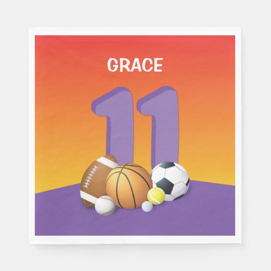 ガール11誕生日スポーツボール スタンダードランチョンナプキン (正面)