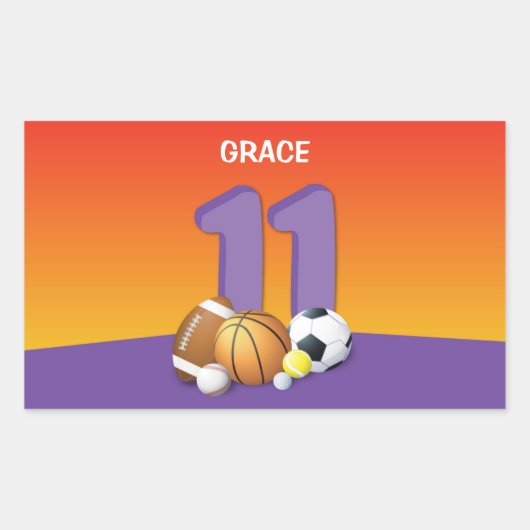 ガール11誕生日スポーツボール 長方形シール (正面)