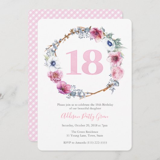 ガール18th誕生日パーティー |ピンクの花のリース 招待状 (正面/裏面)