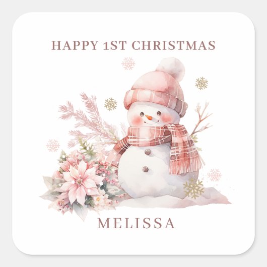 ガール1stクリスマスピンク雪だるま スクエアシール (正面)