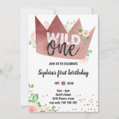 ガール1stバースデーワイルドワンバラゴールドフォイルクラウン 招待状 (正面)
