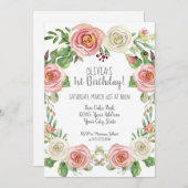 ガール1stバースデー赤面ピンクホワイトローズフローラ 招待状 (正面/裏面)