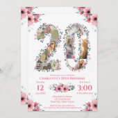 ガール20誕生日フォトコラージピンクフラワーホワイト 招待状 (正面/裏面)
