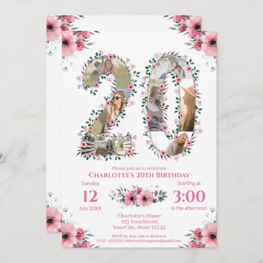 ガール20誕生日フォトコラージピンクフラワーホワイト 招待状 (正面/裏面)