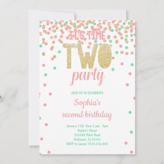 ガール2ndバースデー2パーティー紙吹雪ティール(緑がかった色)ピンク 招待状 (正面)