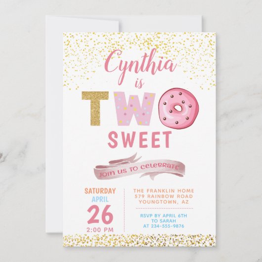 ガール2nd誕生日招待状ツスイートドーナツパーティー 招待状 (正面)