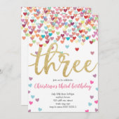 ガール3rdバースデーハート紙吹雪レインボーグリッター 招待状 (正面/裏面)