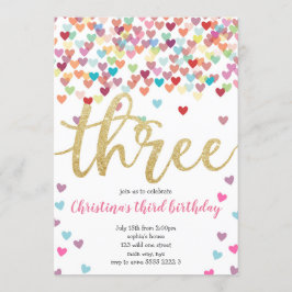ガール3rdバースデーハート紙吹雪レインボーグリッター 招待状
