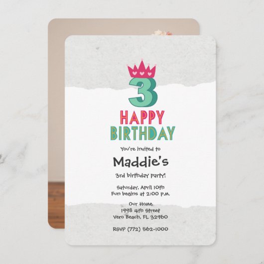 ガール3rdバースデープリンセスフォトパーティの招待状 招待状 (正面/裏面)