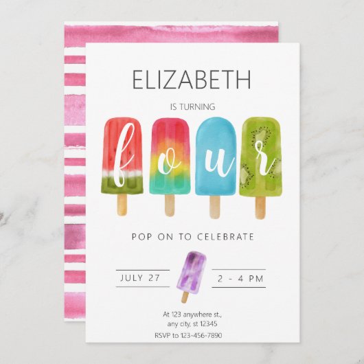 ガール4thバースデーポプシクルサマーパーティー 招待状 (正面/裏面)