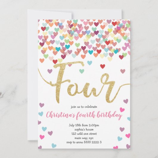 ガール4th誕生日ハート紙吹雪レインボーグリッター 招待状 (正面)