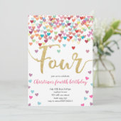 ガール4th誕生日ハート紙吹雪レインボーグリッター 招待状 (スタンド正面)