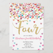 ガール4th誕生日ハート紙吹雪レインボーグリッター 招待状 (正面/裏面)