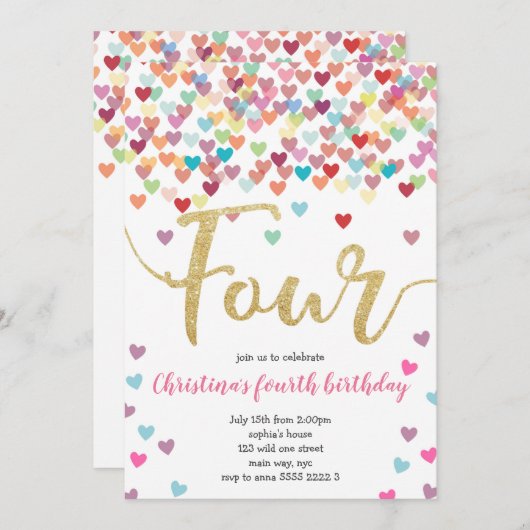 ガール4th誕生日ハート紙吹雪レインボーグリッター 招待状 (正面/裏面)