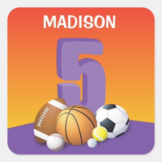 ガール5th誕生日スポーツボール スクエアシール (正面)