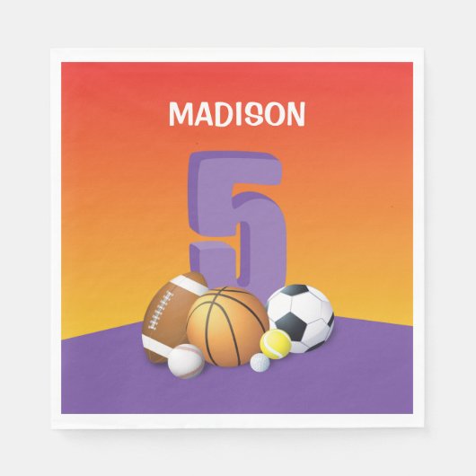 ガール5th誕生日スポーツボール スタンダードランチョンナプキン (正面)