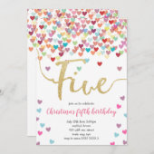 ガール5th誕生日ハート紙吹雪レインボーグリッター 招待状 (正面/裏面)