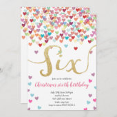 ガール6th誕生日ハート紙吹雪レインボーグリッター 招待状 (正面/裏面)