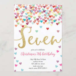 ガール7th誕生日ハート紙吹雪レインボーグリッター 招待状