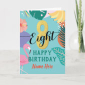 ガール8誕生日熱帯花ピンクフラミンゴ カード (正面)