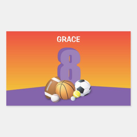 ガール8th誕生日スポーツボール 長方形シール (正面)