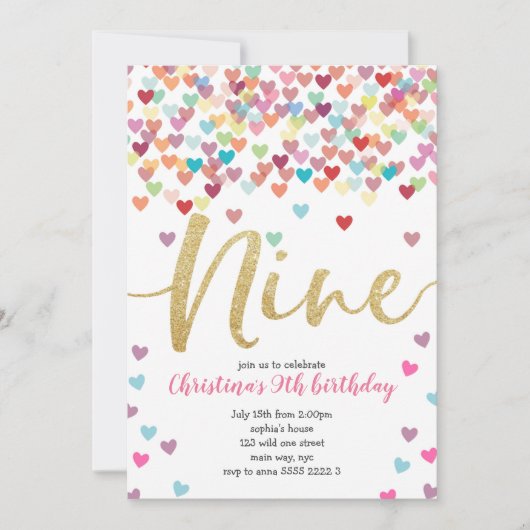 ガール9誕生日ハート紙吹雪レインボーグリッター 招待状 (正面)