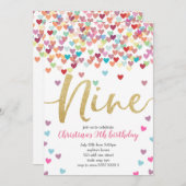 ガール9誕生日ハート紙吹雪レインボーグリッター 招待状 (正面/裏面)